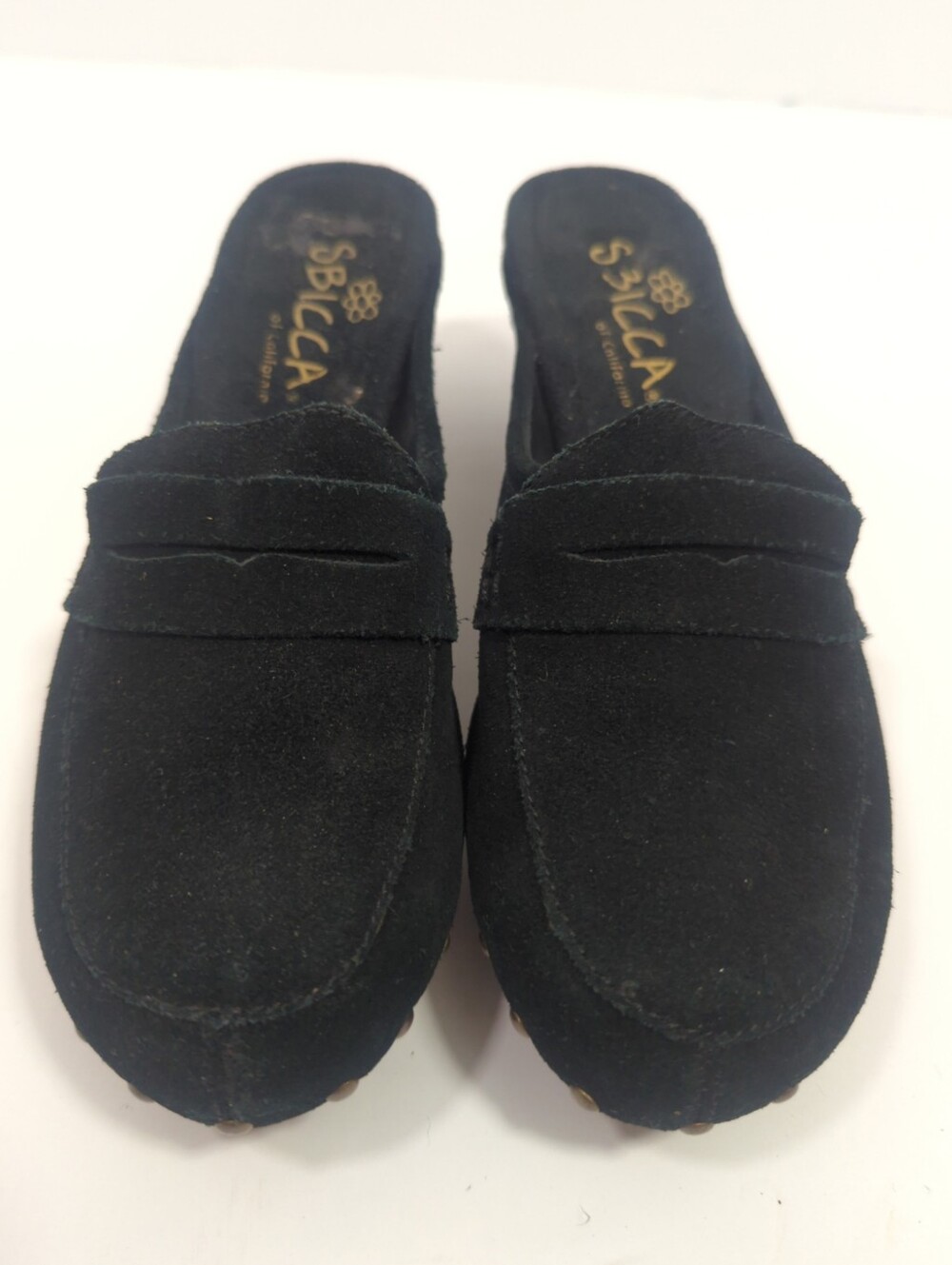 Sbicca Black Studded Suede Penny-Style Clogs Mules